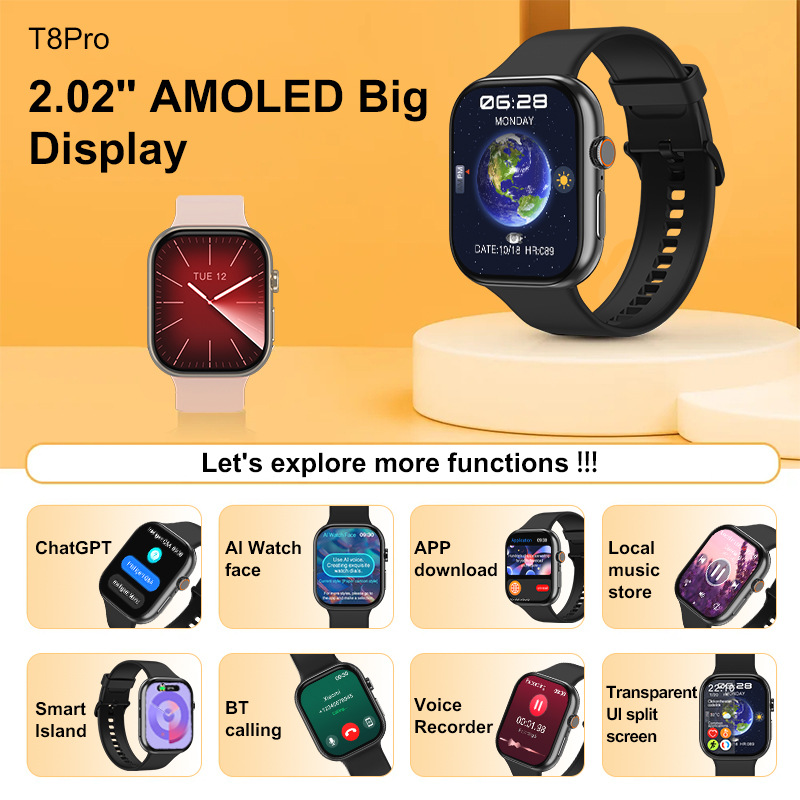 T8 Pro Watch 2.02"AMOLED Heart Rate Blood Oxygen Bluetooth Call CHATGPT Sports Smart Watch - Image 3